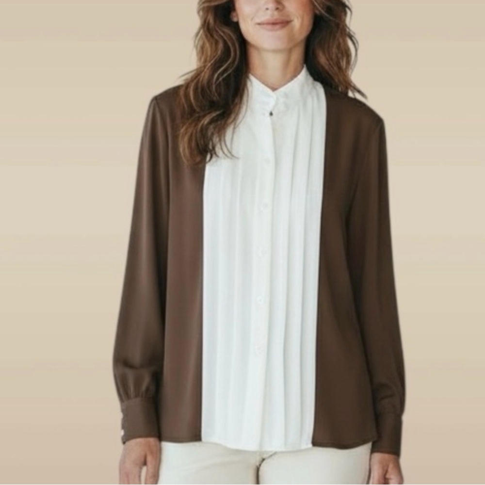 Tuckernuck x India Hicks Grove Pleated Blouse – Chocolate & Ivory – XXL – NWT